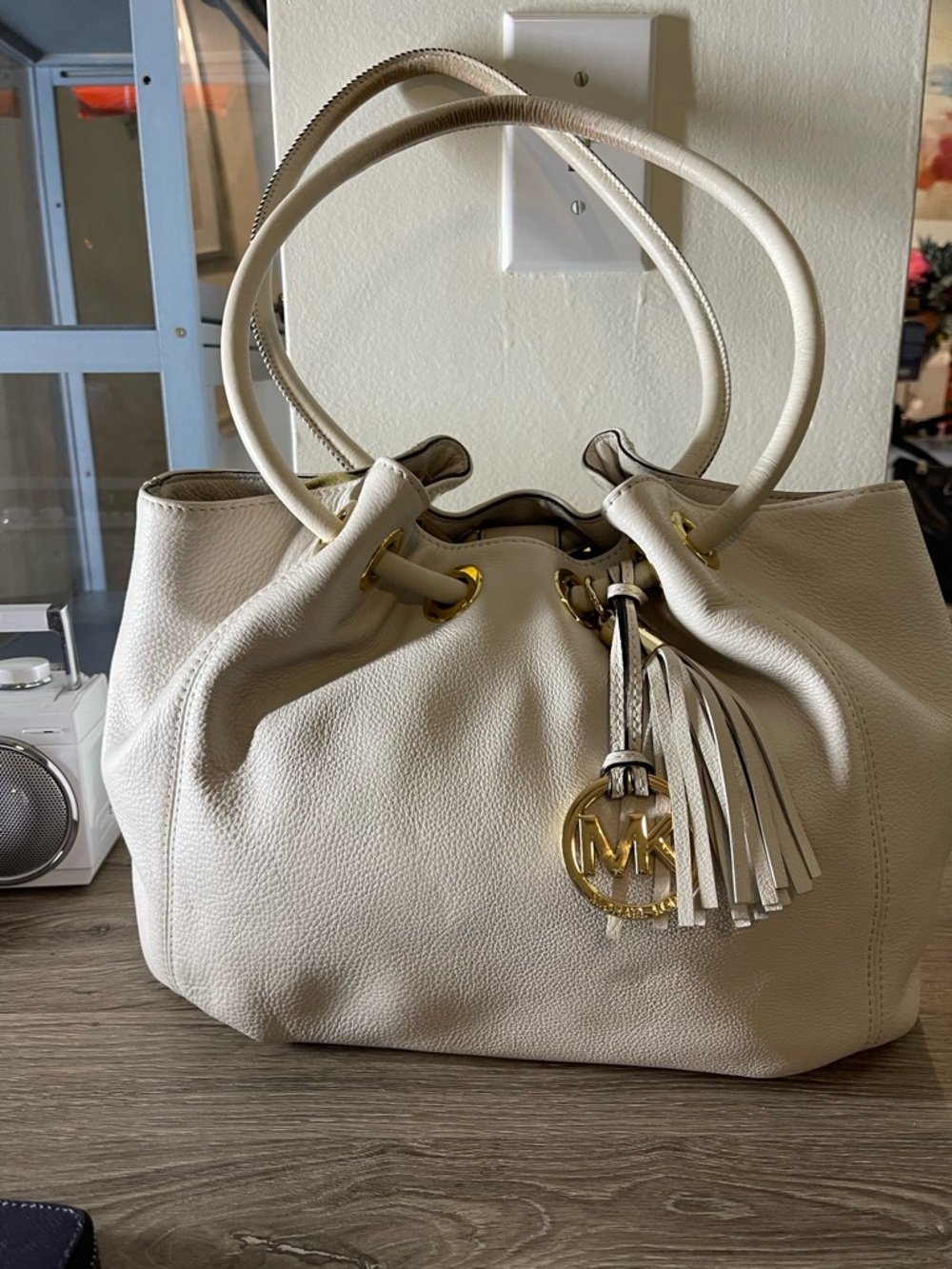 Michael Kors Cream Leather Drawstring Shoulder Bag with Tassel